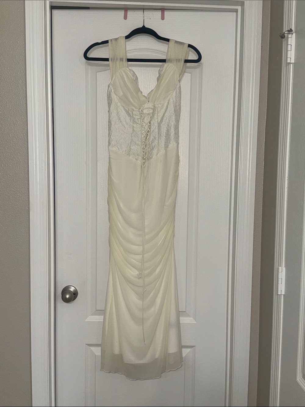 Elegant Cream Lace-Front Bridal Gown with Draped Chiffon Skirt